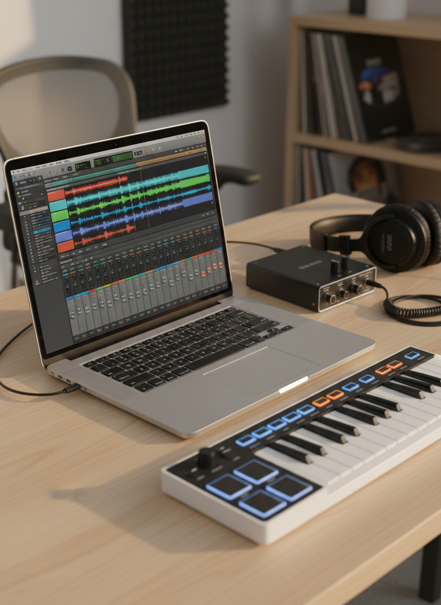 A sleek modern laptop with a brushed aluminum finish, its screen displaying a detailed digital audio workstation project with colorful waveforms and mixer channels. The laptop rests on a clean wooden desk beside a compact audio interface, a pair of closed-back studio headphones, and a small MIDI controller keyboard with illuminated pads. Warm, diffused afternoon light enters from an unseen window, creating subtle reflections on the laptop’s surface and soft shadows behind the gear. Shot at eye level with a slight three-quarter angle, the foreground is sharply focused while the background gently blurs into an indistinct home studio setting. The mood is professional yet approachable, photographic realism with a clean, modern aesthetic ideal for a music production blog homepage.